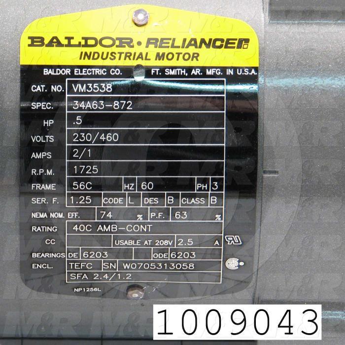 AC Motor, 1/2HP, 56C Frame, 1725 RPM, 230/460VAC, 3 Phase, 60Hz
