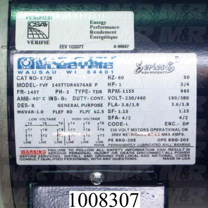 AC Motor, 1HP, 145T Frame, 965/1155 RPM, 190/380-230/460VAC, 3 Phase, 50/60Hz