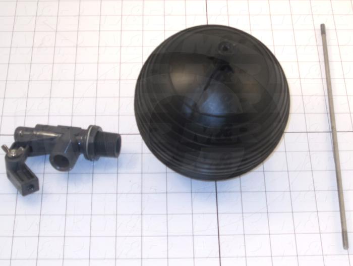 Accessories, Pvc Float Valve, 3/4 in. Size, 34 GPM Flow Rate, Wall Mount with Polyethylene Float, 12" Long Rod, 6" Float Diameter, Max 90 PSI