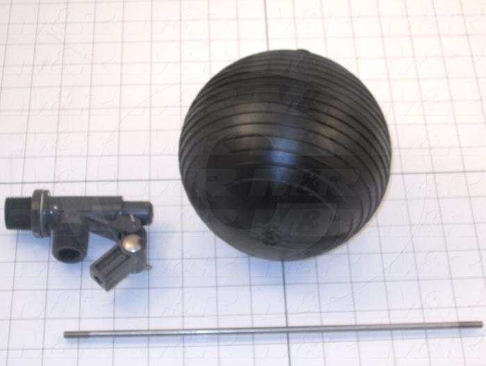 Accessories, Pvc Float Valve, 3/4 in. Size, 34 GPM Flow Rate, Wall Mount with Polyethylene Float, 12" Long Rod, 6" Float Diameter, Max 90 PSI