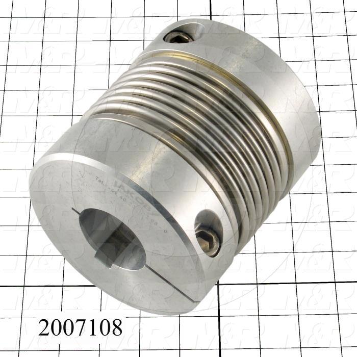 Bellows Coupling, 2.00" Hub # 1 Bore, 70 mm Hub # 2 Bore, Keyway / Clamp, 5.63" Overall Length, 5.24" Bellow Diameter, Stainless Steel Bellows  Material, Aluminum Hub