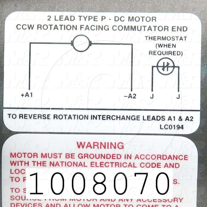 DC Motor, 1/3HP, 56C Frame, 1750 RPM, 180VDC, 1.6A