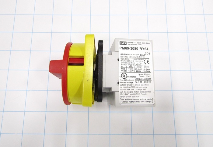 Disconnect Switch, Enclosed, Non Fusible, 380-440VAC, 80A, 3 Poles, Yellow and Red Handle, UL