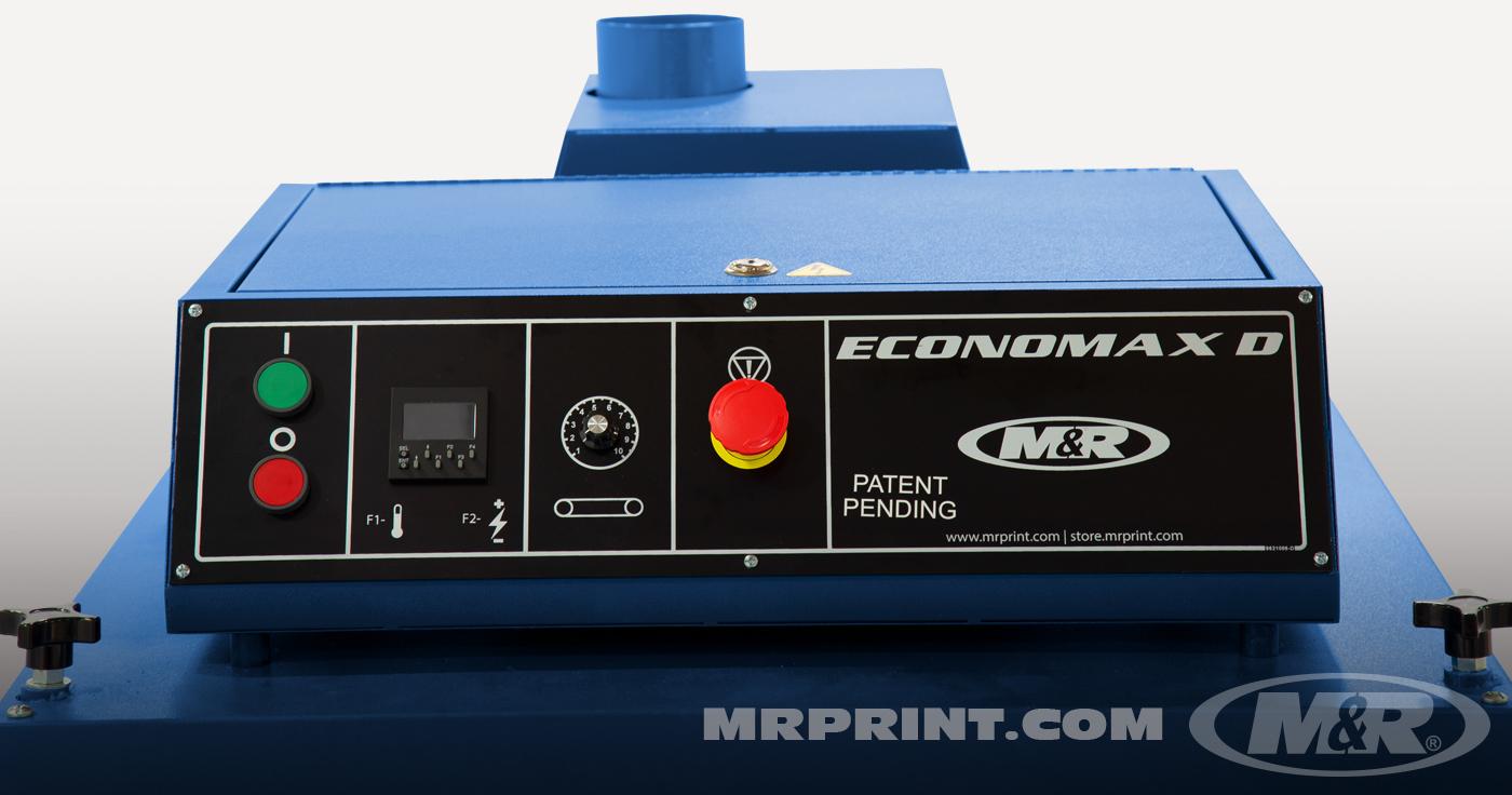 Control center features digital temperature controller and analog belt speed controller with visual speed references.