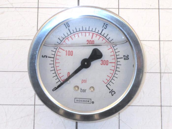 Gauge, 63 mm Outside Diameter, Back Side Thread Mounting, 300 Psi Max. Pressure, 1/4 BSPP Thread Size, Liquid Filled