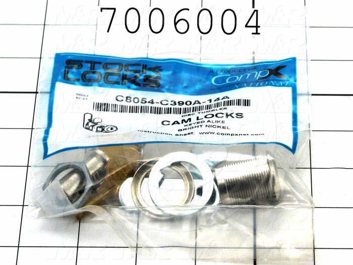 Lock, Cam Lock, 0.75" Mounting Hole Diameter, 0.63 in. Panel Thickness, 1.25" Latching Distance, Die Cast Zinc, Nickel Finish