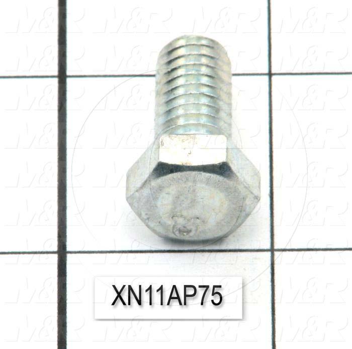 Machine Screws, Hex Head, Steel, Thread Size 3/8-16, Screw Length 3/4", 0.75" Thread Length, Right Hand, Zinc Plated