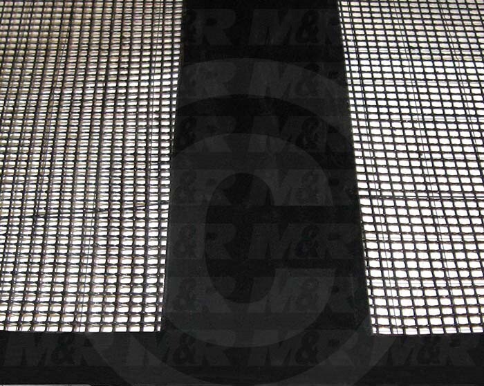 Mesh Conveyor Belt, Fiberglass, Black, With Flap, 75 in. Width, 1070 in. Length, T-Shaped Tapered 1/4" Tracking Guide, Right Guide