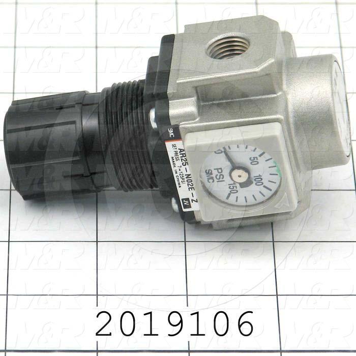 Pressure Regulator, 1.0 MPa Max. Pressure, 1/4" NPT Female Port In, Panel Mounting, 1/4" NPT Female Port Out, With Gauge