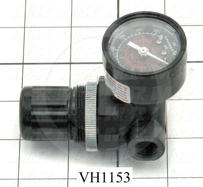 Pressure Regulator, 120 Psi Max. Pressure, 1/4" NPT Female Port In, Bracket Mounting, 1/4" NPT Female Port Out, With Gauge