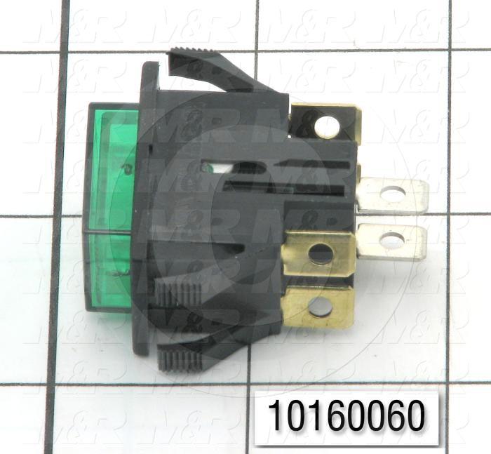 Pushbutton Switch, Alternating, Square, Green, DPST, Neon, 125V
