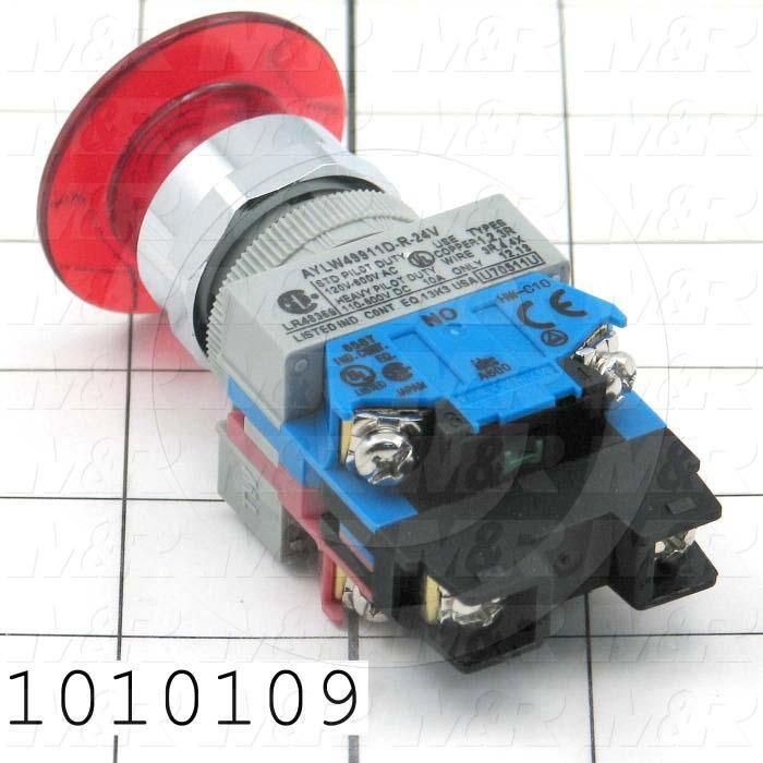 Pushbutton Switch, Maintained, Round, 40mm Mushroom Head, Red, 1NO 1NC, 24V