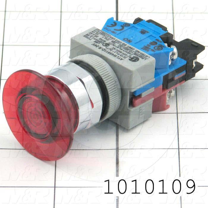 Pushbutton Switch, Maintained, Round, 40mm Mushroom Head, Red, 1NO 1NC, 24V