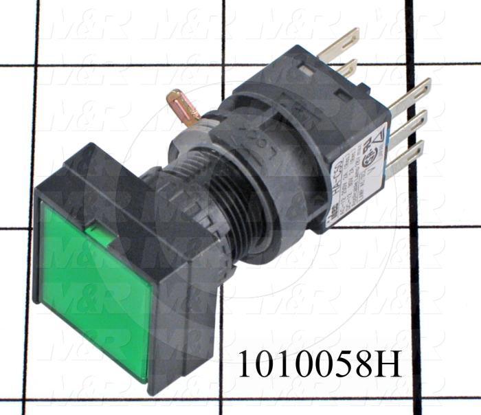 Pushbutton Switch, Momentary, Oversize Square, 16mm, Green, SPDT, LED, 24VDC