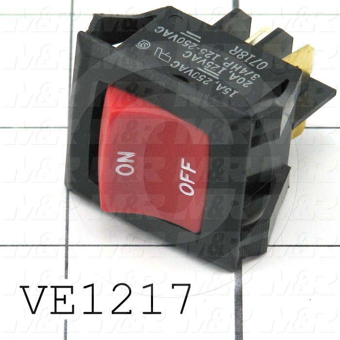 Rocker Switch, Curvette, DPST, OFF-NONE-ON, Contact Rating @ 125V 20A, Contact Rating @ 250V 15A, Red