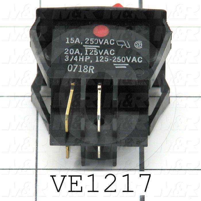 Rocker Switch, Curvette, DPST, OFF-NONE-ON, Contact Rating @ 125V 20A, Contact Rating @ 250V 15A, Red