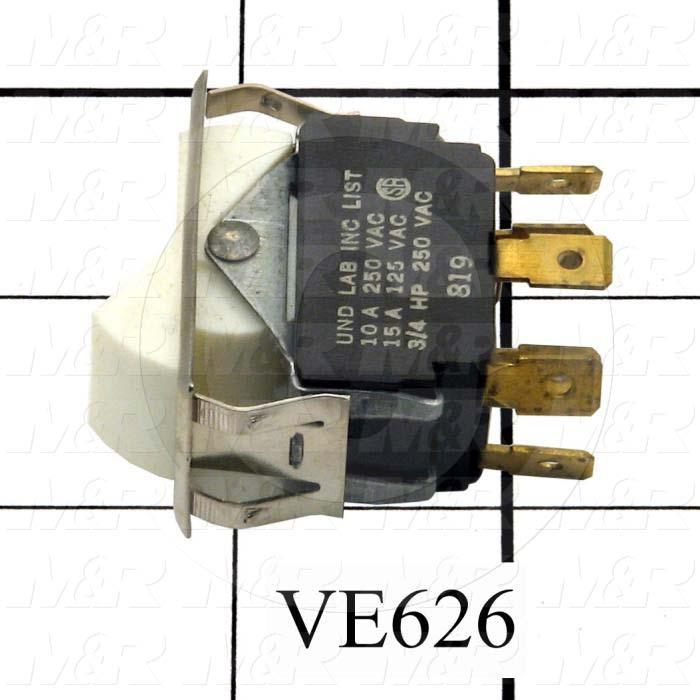 Rocker Switch, DPDT, ON-OFF-ON, Contact Rating @ 125V 15A, Contact Rating @ 250V 10A, White