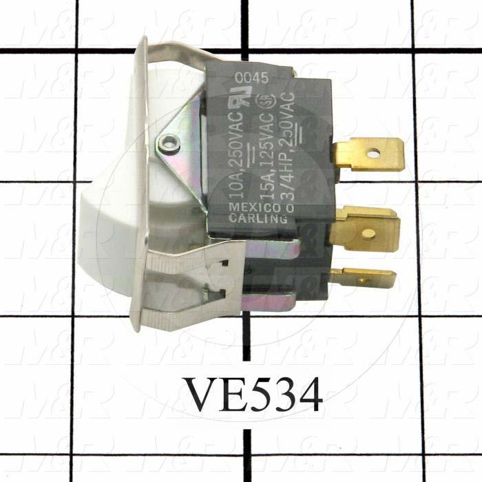 Rocker Switch, DPST, Contact Rating @ 125V 15A, Contact Rating @ 250V 10A, White