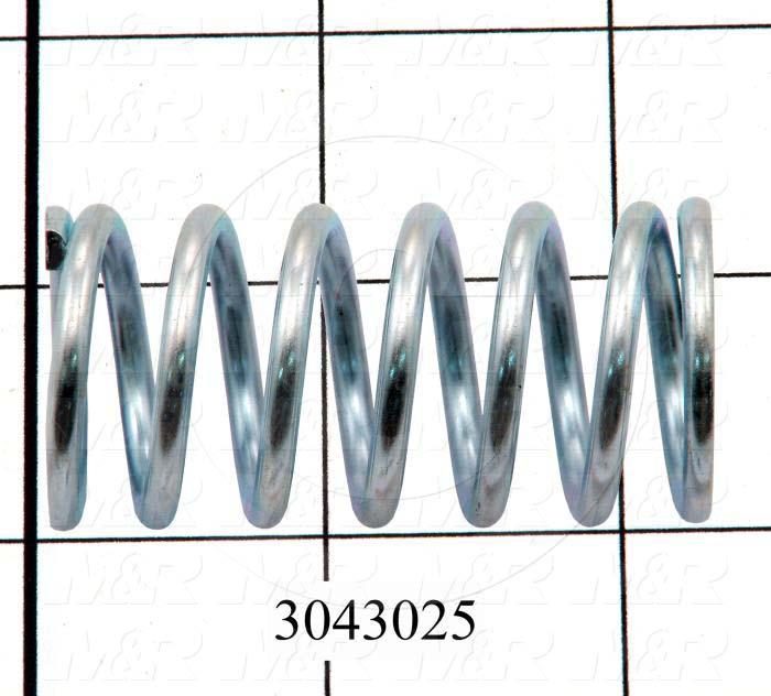 Springs, Compression Type, 0.125" Wire Diameter, 1.09" Outside Diameter, 2.25" Overall Length, 0.955" Solid Length, 7.5 Total Coils, Music Wire Material, Closed and Ground Spring Ends