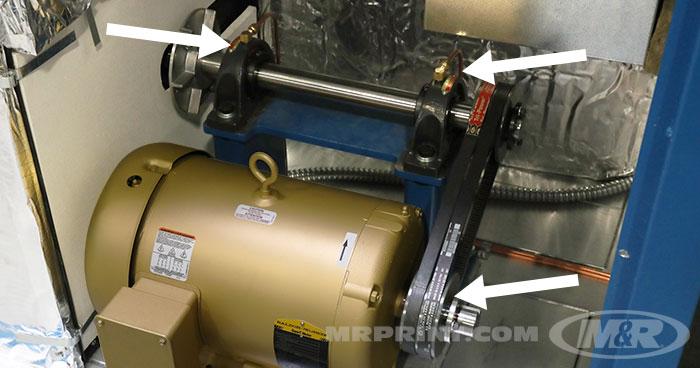 Heavy duty blower motor utilizes dual belts for reliability. High temperature bearings support a high-speed balanced blower fan, while grease ports are plumbed to the outside of the dryer for easy maintenance.